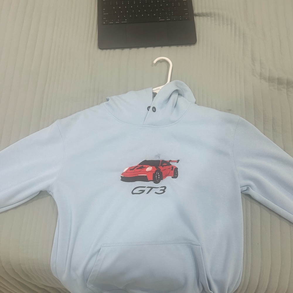 Light Blue Hoodie with stitched Porsche GT3 Graphic